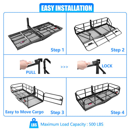 KAIRAY 500 Lbs Heavy Duty Hitch Mount Cargo Carrier 60"x24"x14.4" Folding Rear Luggage Rack Basket Fits 2" Receiver for Car SUV Camping Traveling with Stablizer Waterproof Bag Net Ratchet Straps Lock
