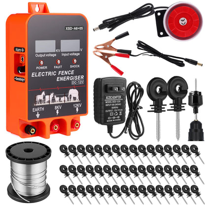 MorningRo 2J Electric Fence Charger with Digital Display & Alarm, AC/DC Dual Power, 12V Input 8KV/12KV Output, 250ft Aluminum Wire 50 Insulators & Socket Tool for Fence Boundary Applications