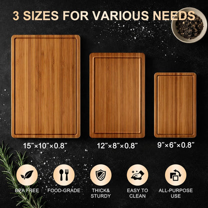3 Pack Bamboo Cutting Board Set with Non Slip Solid Wood Cutting Boards Non Toxic Chopping Board for Kitchen Small Cutting Board Non Plastic Charcuterie Boards Meat Healthy Bread Cutting Board Sets