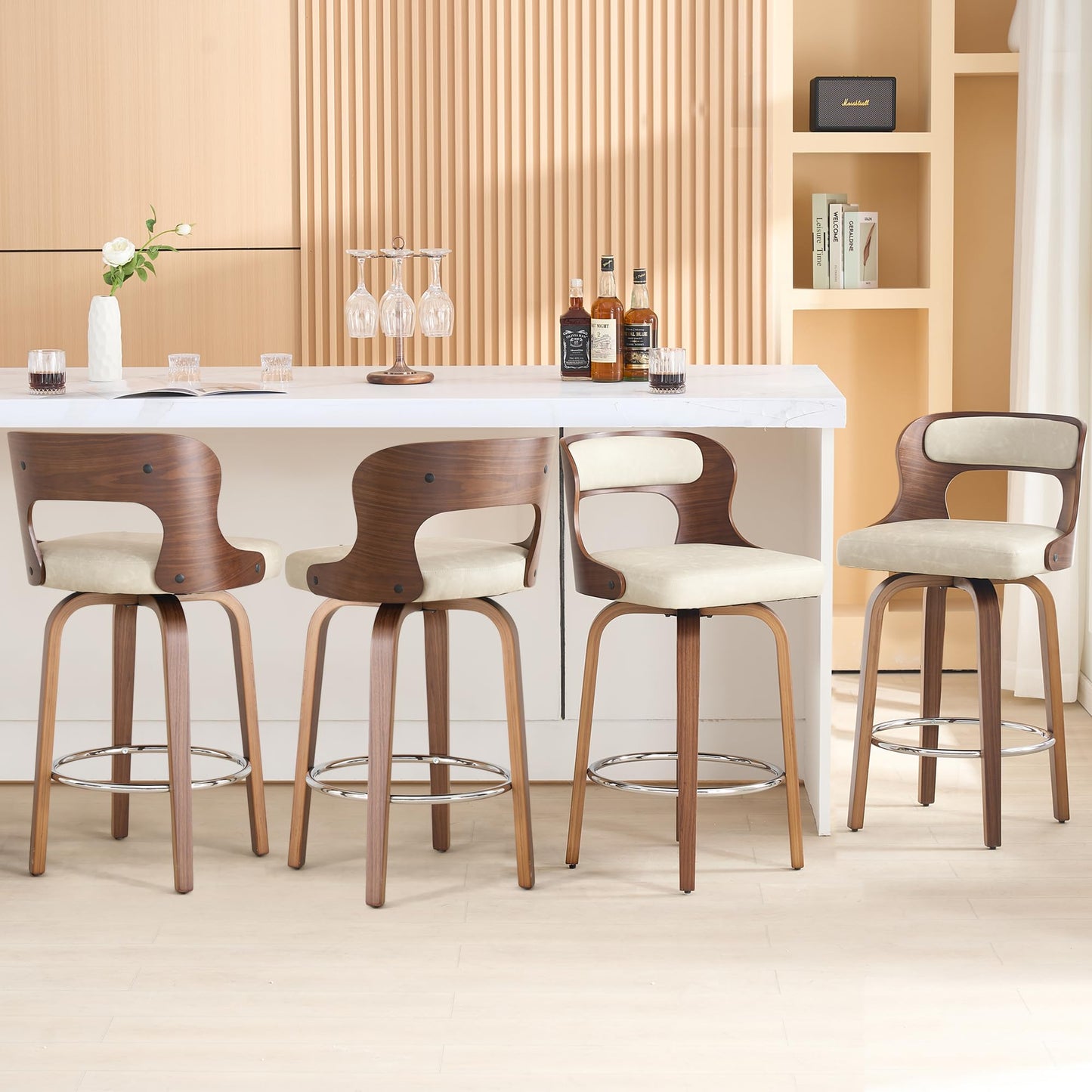 ClinQ Counter Height Bar Stools 26" Barstools with Bentwood Legs and Back, Faux Leather 360° Swivel Counter Stools, Mid Century Accent Bar Stools Set of 4 for Kitchen, Restaurant, Grey