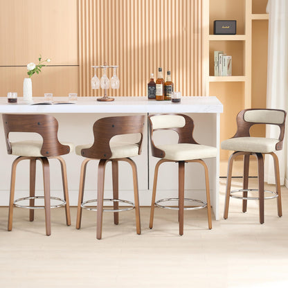ClinQ Counter Height Bar Stools 26" Barstools with Bentwood Legs and Back, Faux Leather 360° Swivel Counter Stools, Mid Century Accent Bar Stools Set of 4 for Kitchen, Restaurant, Grey