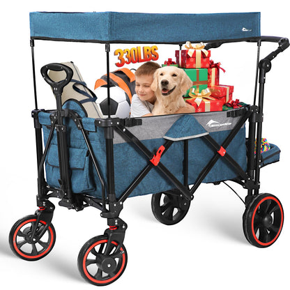 Collapsible Canopy Wagon, Foldable Wagon Stroller with 330LBS, Heavy Duty Cart with Shock-Absorbing Wheels, Adjustable Push Pulling Handles for Camping, Garden, Sports, Shopping, Blue