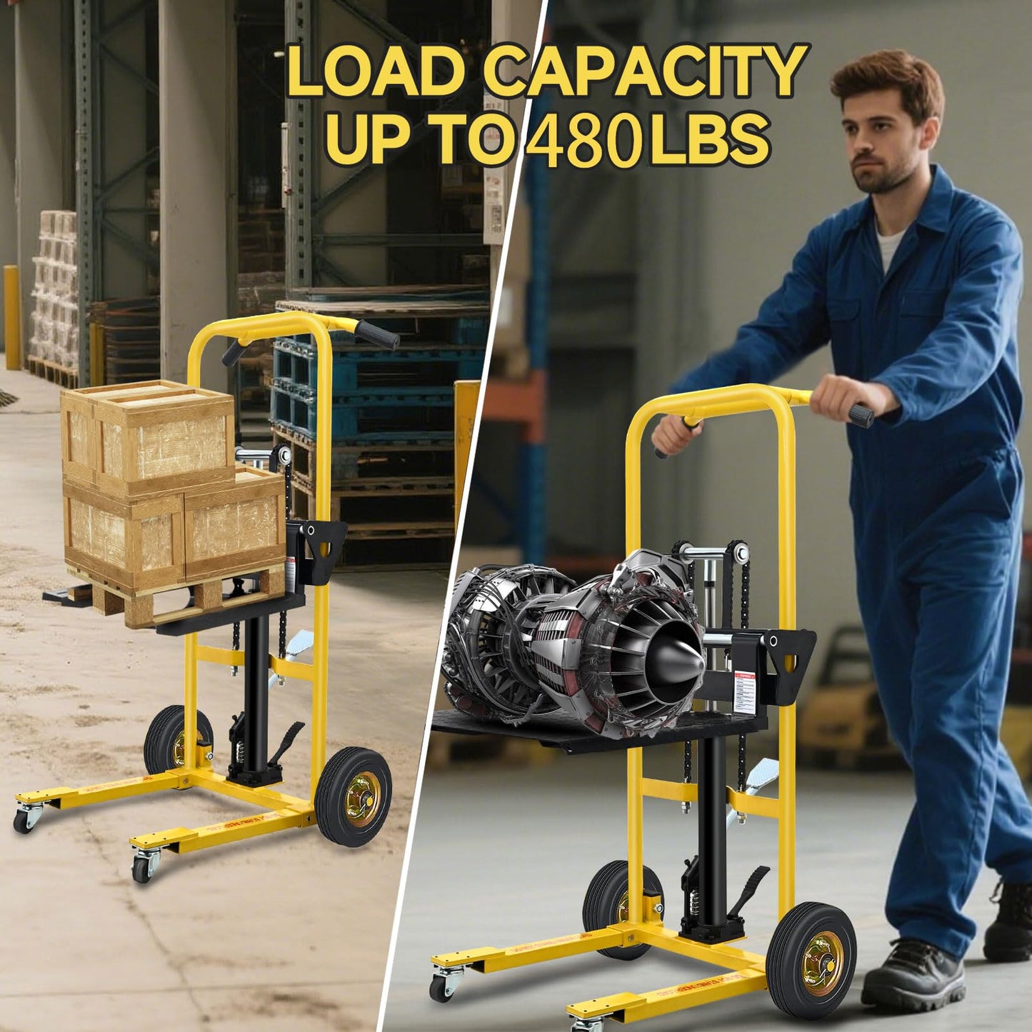 Hydraulic Material Lift, Pallet Jack Table Cart- 480-Lb. Capacity, 35in Lift. with Swivel Wheels, Steel Platform Board (03 Yellow, 480 LB)