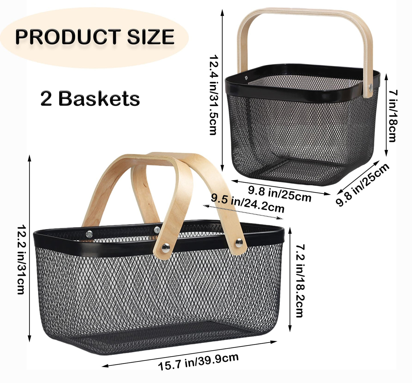 Cheardia 2 Pack Picnic Baskets, Metal Mesh Harvest Basket with Foldable Wooden Handle, Rectangle Garden Storage Basket Bin for Vegetable Fruit Garden Kitchen Cabinet Picking Gathering