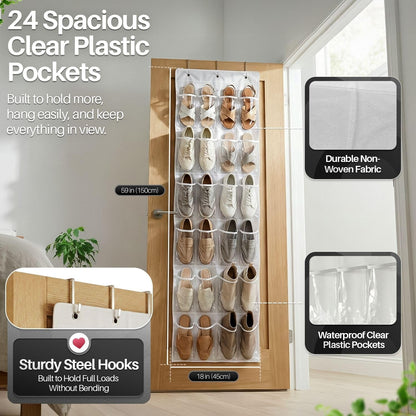 Closet 24 3 Flexzion Over the Door Shoe Organizer - Hanging Shoe Rack for with Clear Pockets and Steel Hooks, Back