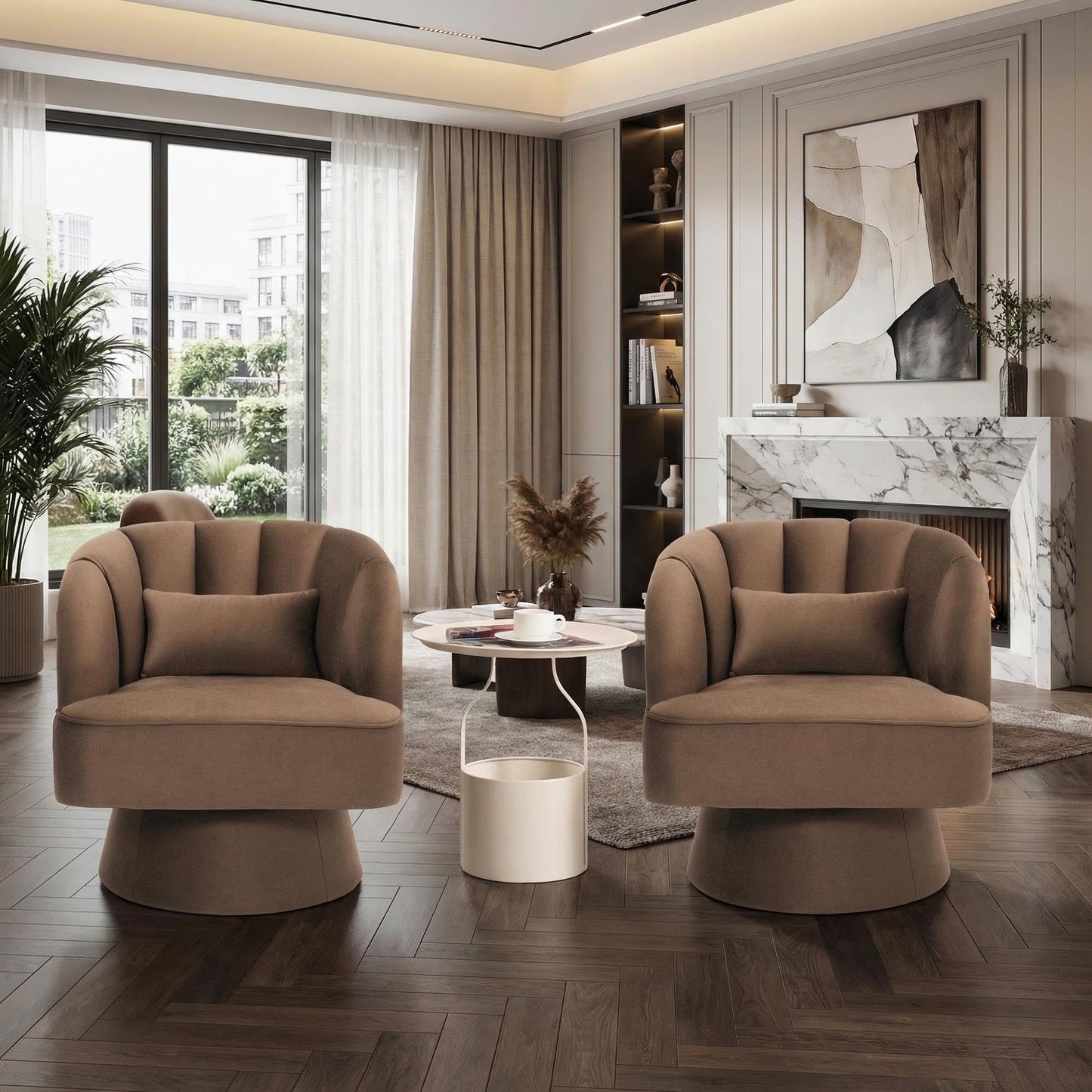 IDEALHOUSE Swivel Accent Chair with Armrests, 360° Mid Century Modern Swivel Barrel Chair, Modern Cozy Velvet Armchair for Living Room, Bedroom, Small Space, Brown