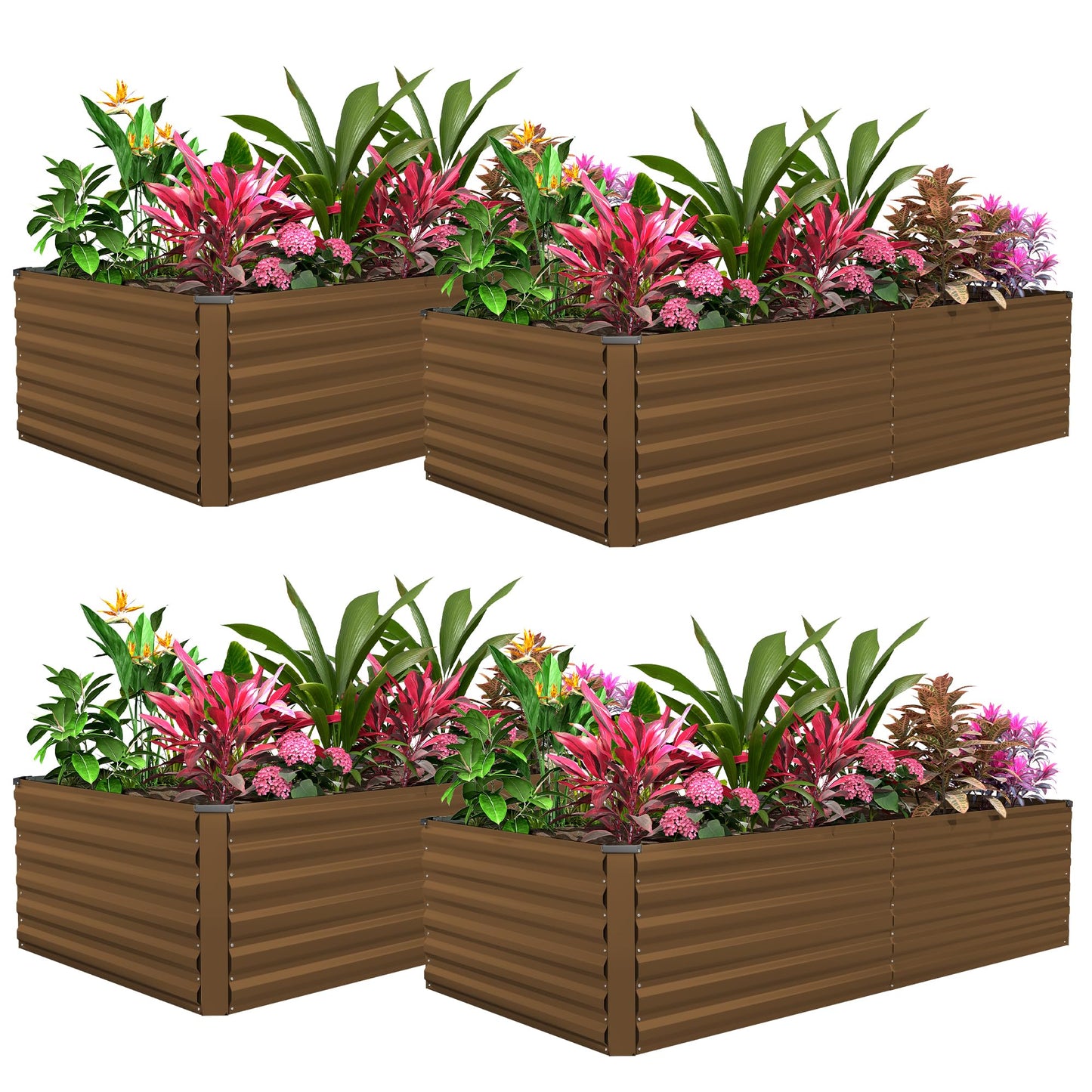 FOOWIN 4pcs 8x4x2ft Galvanized Raised Garden Bed, Planter Raised Garden Boxes Outdoor, Large Metal Raised Beds for Gardening, Garden Bed for Vegetables, Flowers, Herb,478 Gallon Capacity, Brown