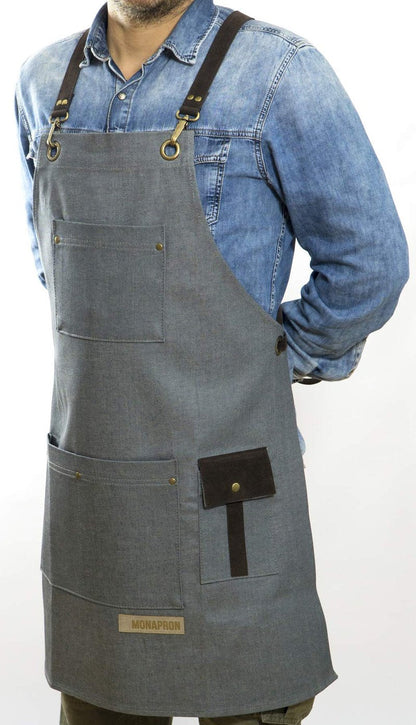 MONAPRON Denim Unisex Women and men Chef Apron with Vegan Leather Extra Pockets Adjustable Straps, Cooking Kitchen Apron for Wife Husband, Grill BBQ Server, Bartenders, Gardening Baking gray