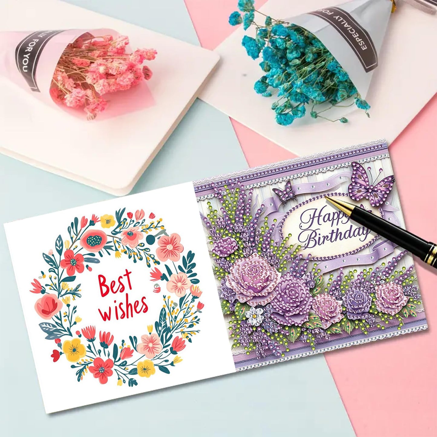 ARTopet 6Pcs DIY Folding Greeting Card Diamond Art Painting Creative Design Foldable Thank You Cards Blessing Greeting Card Set for Birthday Christmas Crafts Gift-Happy birthday01