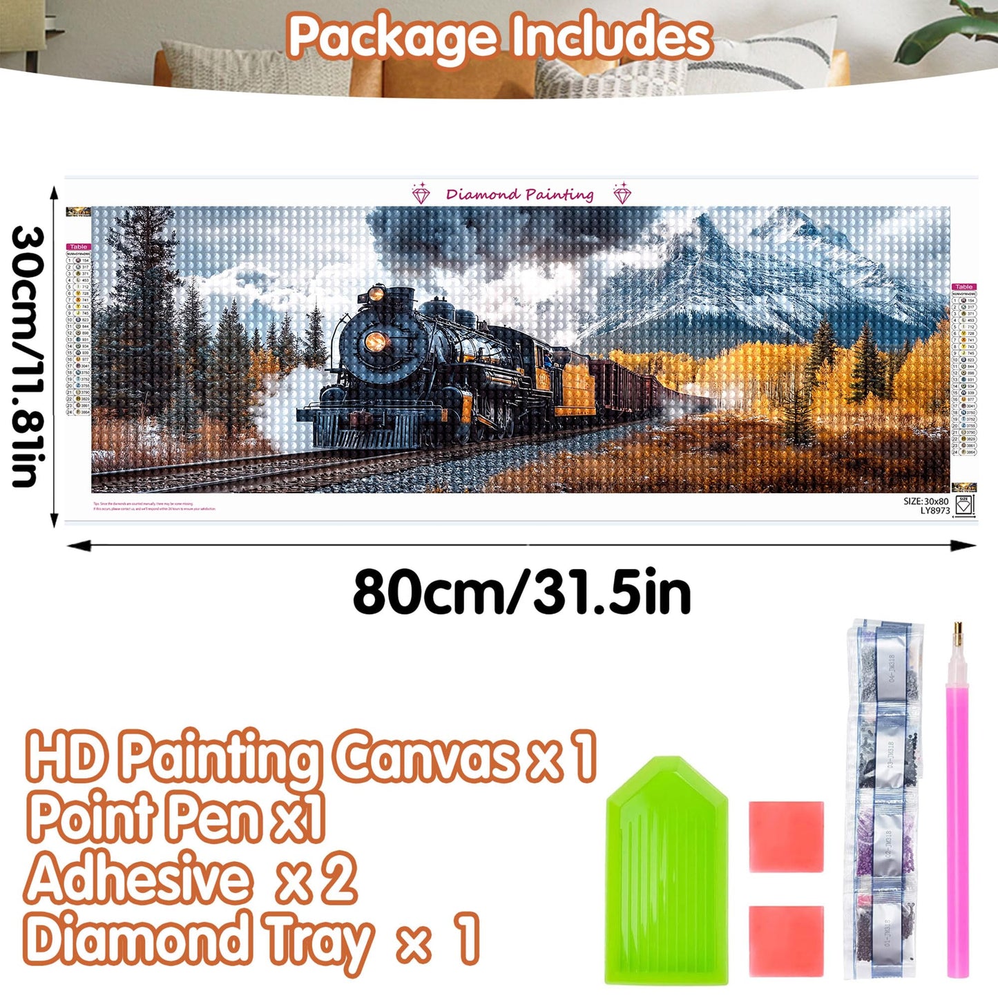 SKRYUIE 5D Large Diamond Painting Kits Train - DIY Diamond Art Kits for Adults Scenery, Full Round Drill - Crystal Embroidery Cross Stitch - Craft for Wall & Office Decor - 12x30 inch / 30x80 cm