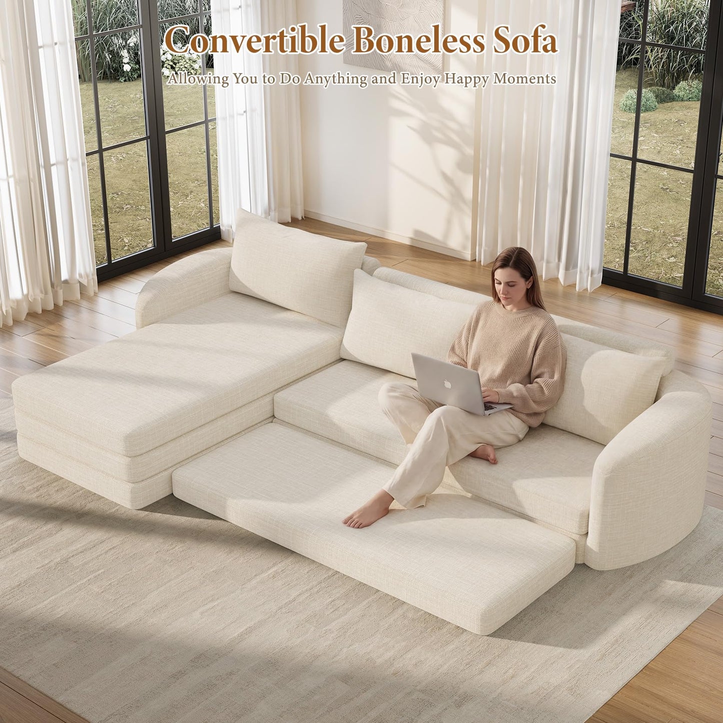 Vesgantti 6 in 1 Convertible Folding Sleeper Sofa Bed, 110.2" Modular Sectional Sofa with Curved Armrest, Chenille Boneless Couch for Living Room, No Assembly Required, Beige, Left Facing Chaise