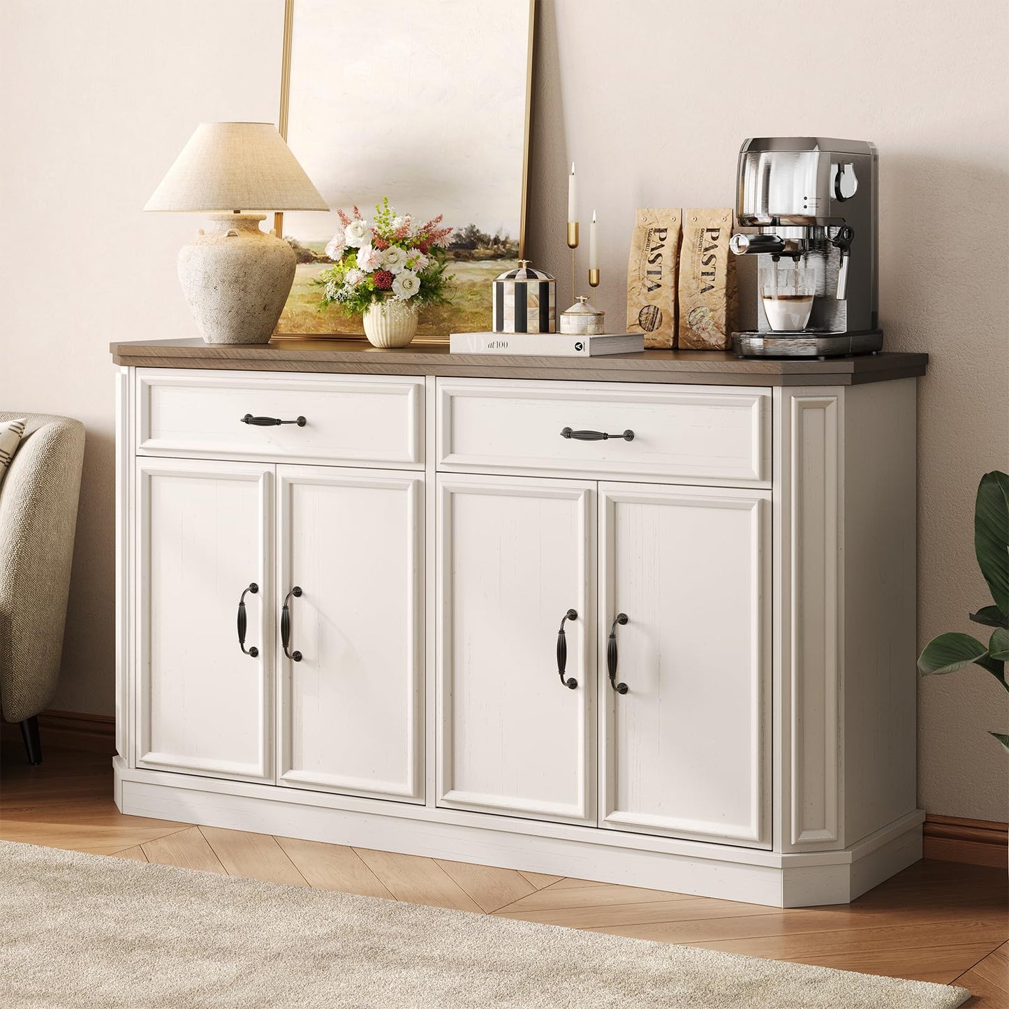ONBRILL 55" Sideboard Buffet Cabinet with 2 Storage Drawers & 4 Doors, Modern Kitchen Sideboards and Buffets with Adjustable Shelves, Wood Coffee Bar Cabinet for Living Room, Entryway, Off-White