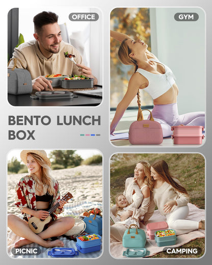 KEMETHY Adults Bento Lunch Box Set with Thermo Bag, 74oz Stackable Leak-proof 3-tiers Bento Box, Built-in Utensil and Sauce Container for Work, School, Dining Out (Gray)