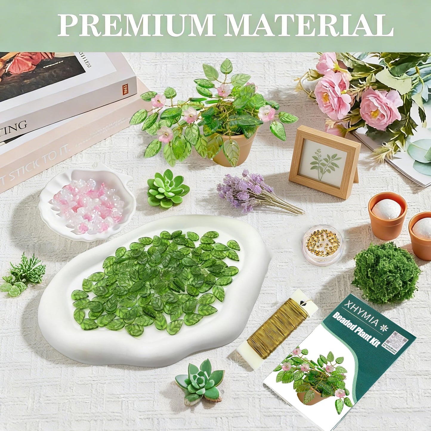 XHYMIA Beaded Plant Kit Green Glass Leaf Beads, Flower Glass Beads Mini Forever Plant Making and DIY Crafts with Video Tutorials