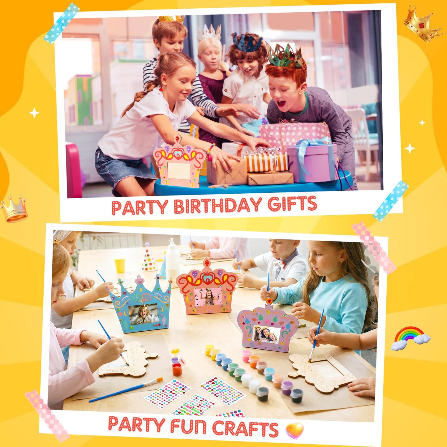 Blueweenly 12 Pcs DIY Picture Frame Painting Craft Kits for Kids Wooden Crown Princess Party Favors Paint and DIY Your Own Frame with 88 Cell Rhinestone Stickers 12 Color Paint Girl Birthday (Square)