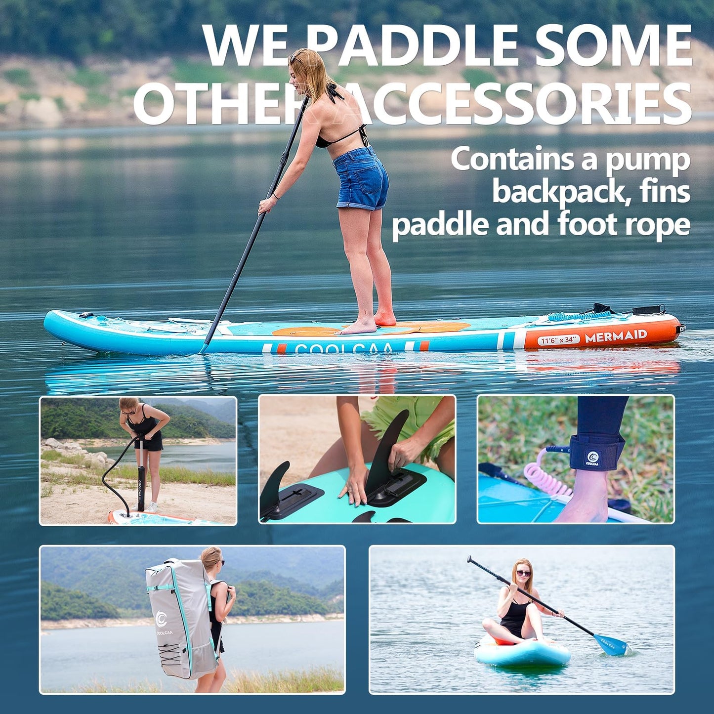 COOLCAA Mermaid 11'6" Inflatable Stand-Up Paddle Board, 460Lbs Capacity SUP Board with 34'' Extra Wide, Fishing Paddleboard with Accessories & Bag for Adults Youth (Seabed)