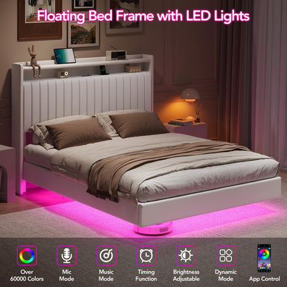 GarveeLife 50'' Tall Queen Floating Bed with LED Lights & Charging Station, PU Leather Bed Frame with Storage Headboard, Kick-Free, Noise-Free, Easy Assembly, No Box Spring Needed, White