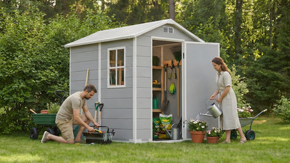 AIRAJ 4x6 FT Outdoor Storage Shed,Resin Storage Shed with Floor/Window/Vent/Roof Rainwater Drainage/Lockable Door,All-Weather Plastic Garden Sheds,for Yard,Garden,Poolside,Lawn Mower,Seasonal Items