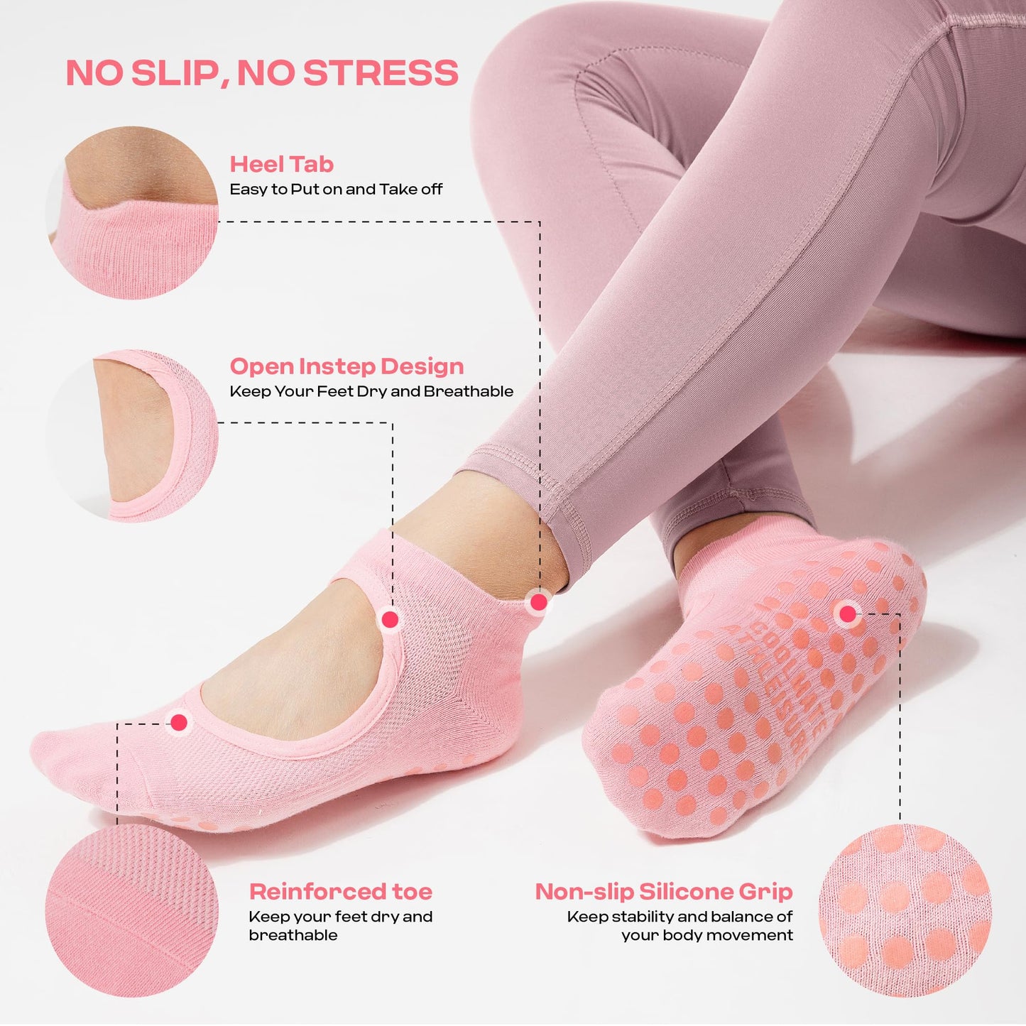CoolMate Pilates Socks with Grips for Women, Yoga Socks, Crew Non Slip Women for Workout, Barre, Pilates Gifts