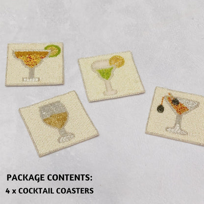 Set 4 (4")| Folkulture Coasters of Beaded Cocktail Handmade Square Drink Coasters for Coffee Table & Bar | Boho Home