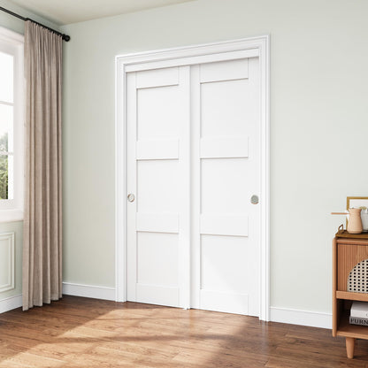 JUJUBON Closet Sliding Door, 48"×80"(Double Doors 25"), 3 Panel Sliding Door with Hardware Kit, Pre-Drilled Doors Panel, MDF with Paintable Surface, Need to Assemble, White