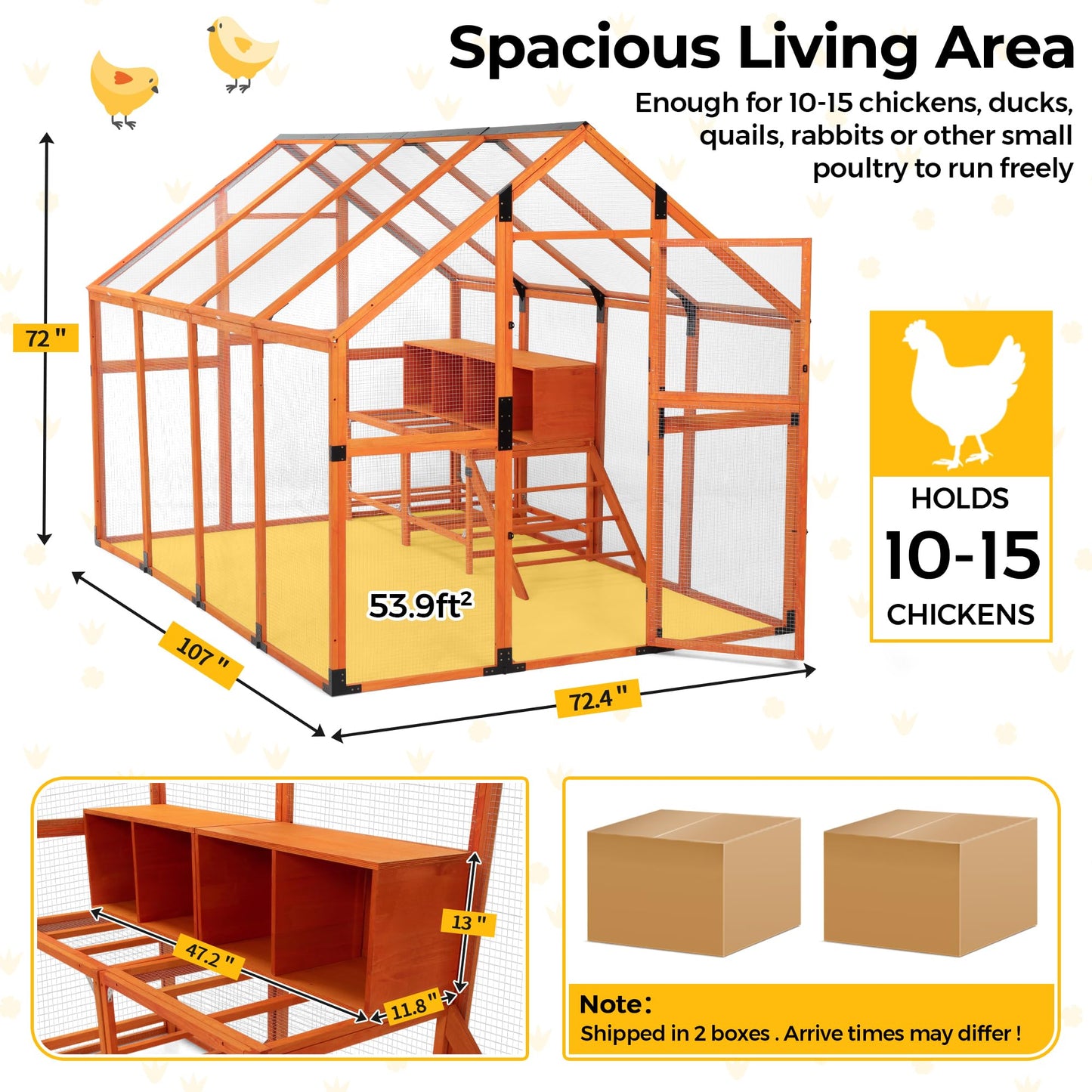 COZIWOW Chicken Coop with Full Waterproof Cover, 9' Extra Large Wooden Chicken House for 10-15 Chickens, 4 Nesting Boxes & Roosting Bars, Outdoor Walk-in Poultry Run, Orange