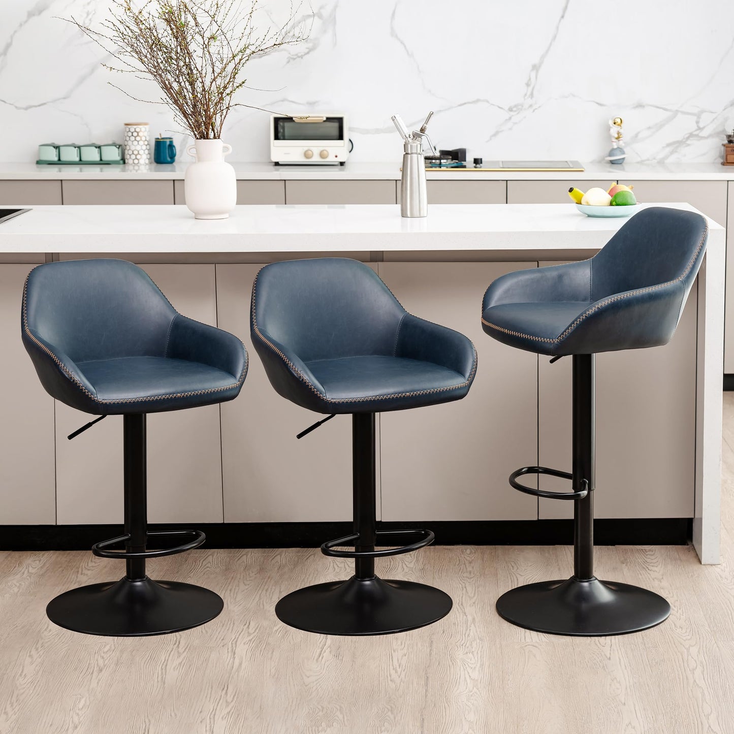 Glitzhome Bar Stools Set of 3, Adjustable Counter Height Bar Chairs with Back Support and Footrest, PU Leather Upholstered Swivel Bar Stools for Kitchen Island Dining Room Pub Home Bar, Navy Blue