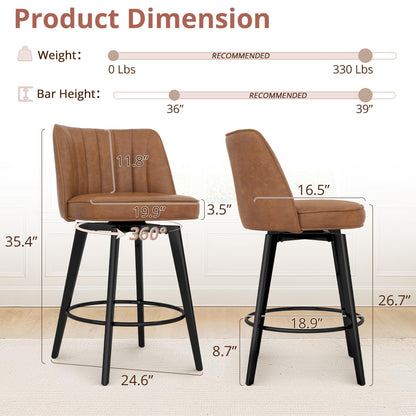 LUE BONA 360° Swivel Leather Bar Stools Set of 3, 26" Counter Height Barstools with Backs and Metal Legs, Modern Upholstered Bar Chairs for Kitchen Island, Brown