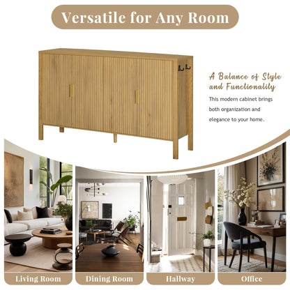 GDFStudio 58" Modern Buffet Cabinet with 4 Stripe Doors, Sideboard Storage Cabinet with Back Door Storage Racks, Shelves, Side Hooks, Coffee Bar Cabinet Credenza for Dining Room Living Room, Natural