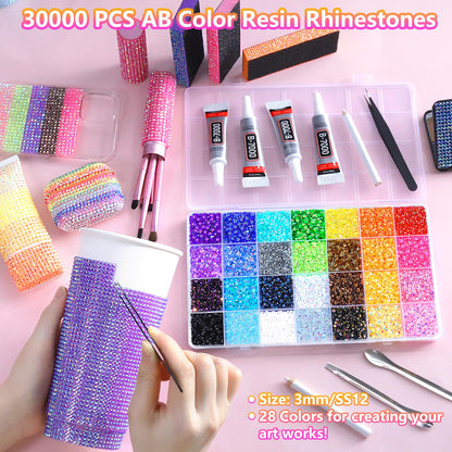 FANDAMEI 51200Pcs Bedazzling Kit, 30000Pcs 28 Colors Rhinestones for Bedazzling, 21200Pcs Silver Rhinestones, Bedazzling Gems with 4Pcs B7000 Glue and Rhinestone Tool, for Crafting Clothing Nail Art