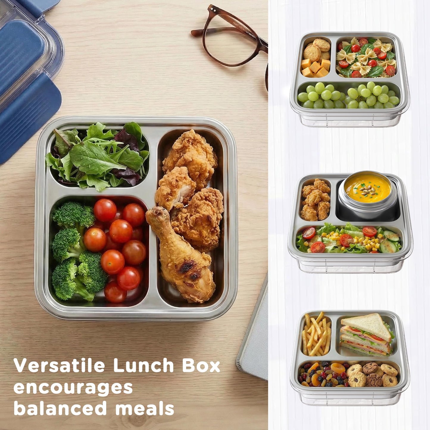 Fomazi Stainless Steel Bento Lunch Box for Kids Adults with 8oz Insulated Food Jar, Leak-proof, Dishwasher-Safe, Transparent Lid with Sauce Cup and Cutlery Storage for School & Travel,BPA-Free(Blue)