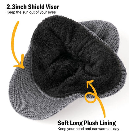 Wmcaps Winter Beanie with Brim and Ear Flaps, Outdoor Warm Fleece Lined Knit Hat Stocking Caps for Men Women Charcoal Gray