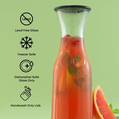 JoyJolt Glass Carafe with Lid, Set of 3 – 1 Liter Glass Pitcher for Mimosa Bar, Water, Iced Tea, Juice, Wine, Lemonade, Milk – Dishwasher Safe Beverage Drink Dispensers for Brunch, Parties
