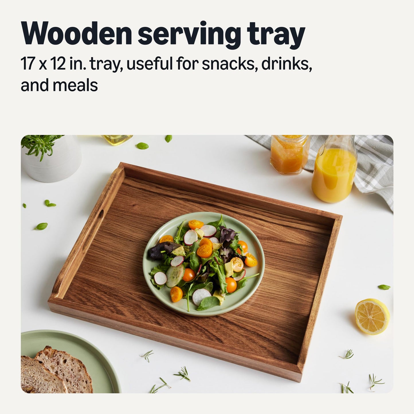 Amazon Basics Wooden Serving Tray with Built-in Handles, Acacia Wood, 17 x 12 in.