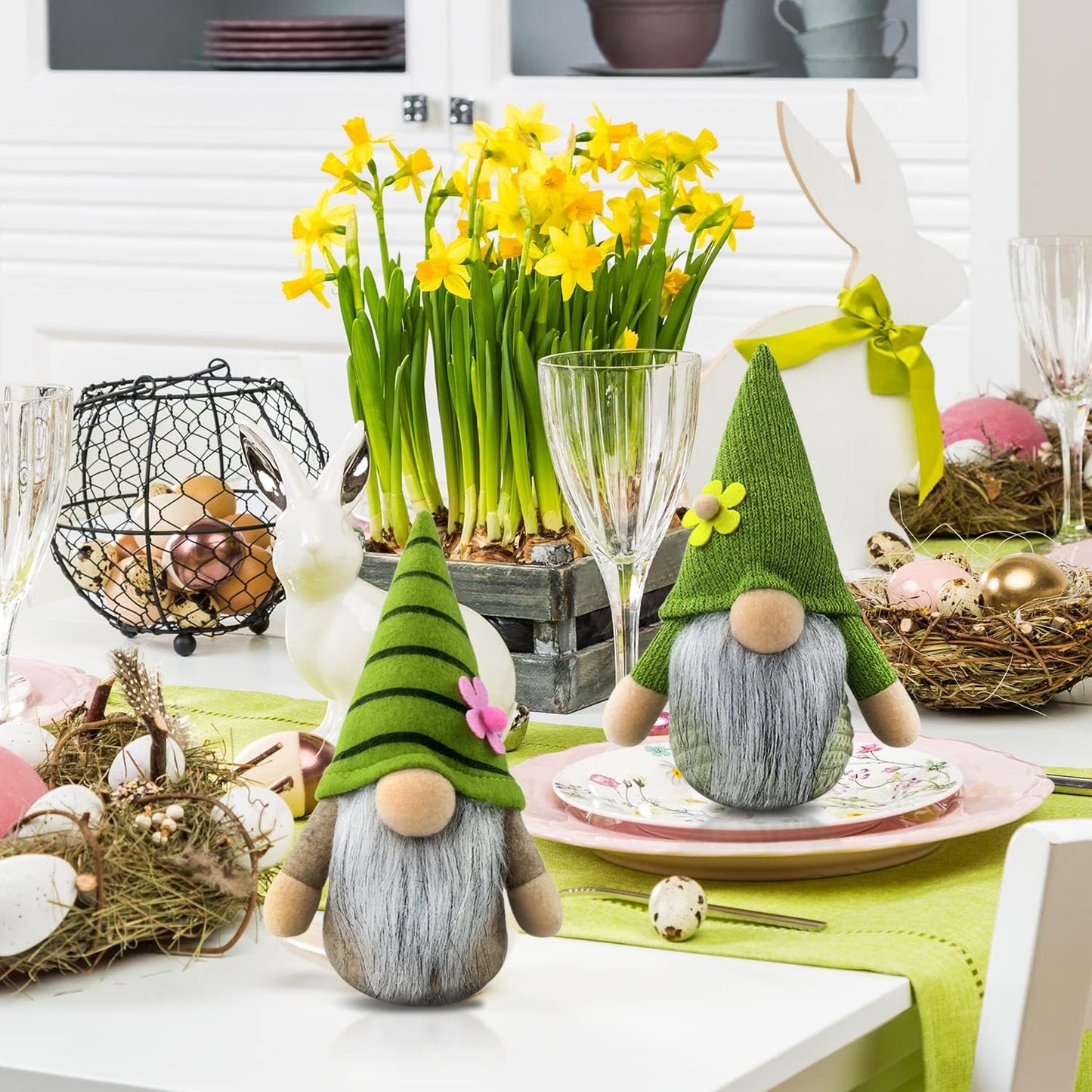 Gehydy Set of 2 Plush Spring Gnomes, Handmade Green Scandinavian Tomte Easter Sunflower Decoration for Home Kitchen