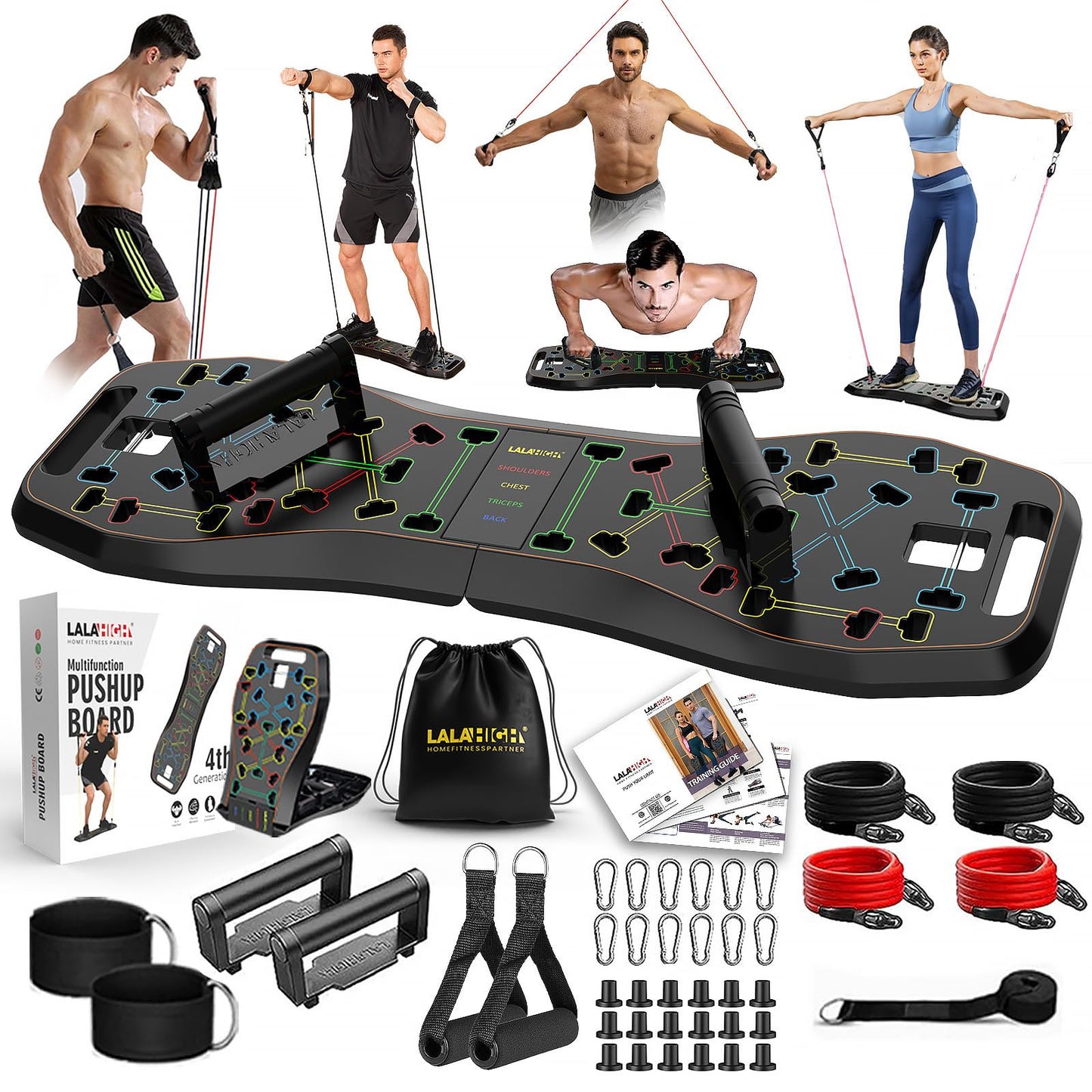 LALAHIGH Push Up Board,36 in 1 Home Gym Equipment with Ab Roller Wheel & Resistance Bands, Portable Foldable Workout Board for Full Body Strength Training Men Women