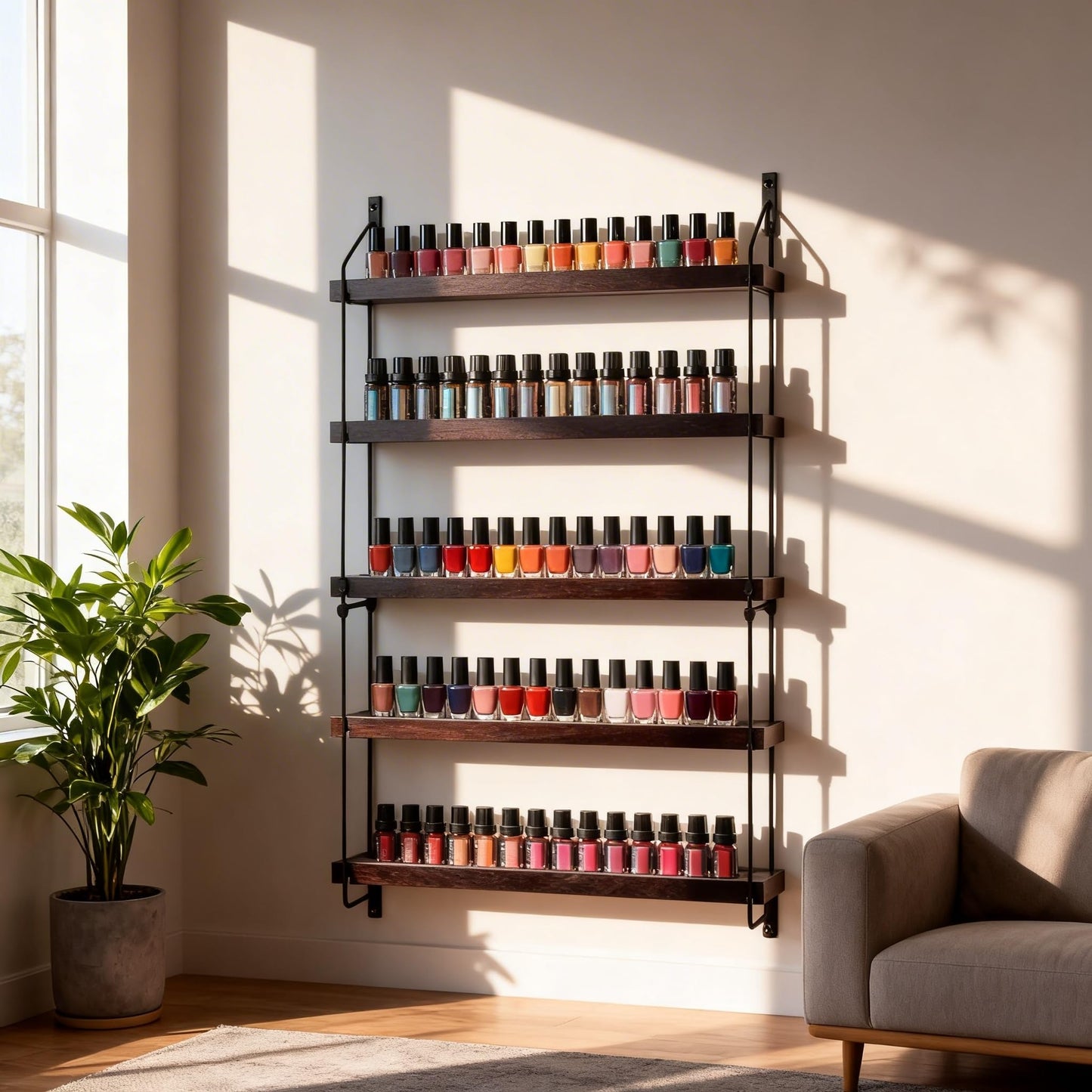 THYGIFTREE Essential Oil Storage Shelf Wall Mounted 16.9" Wooden Essential Oil Collection Display Rack Organizer 5 Tiers Holds 75 Bottles, Nail Polish Holder Paint Organizer