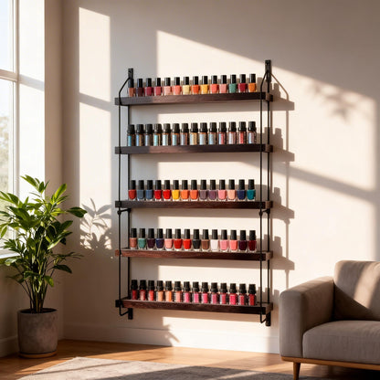 THYGIFTREE Essential Oil Storage Shelf Wall Mounted 16.9" Wooden Essential Oil Collection Display Rack Organizer 5 Tiers Holds 75 Bottles, Nail Polish Holder Paint Organizer