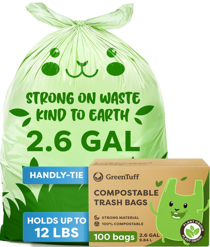2.6 Gallon Compostable Trash Bags (100 Count) — Thick 0.7 Mil Small Compost Bin Liners — Leak-Resistant Plant-Based Food Scrap Bags for Countertop Kitchen Compost Pails — ASTM D6400 BPI Certified