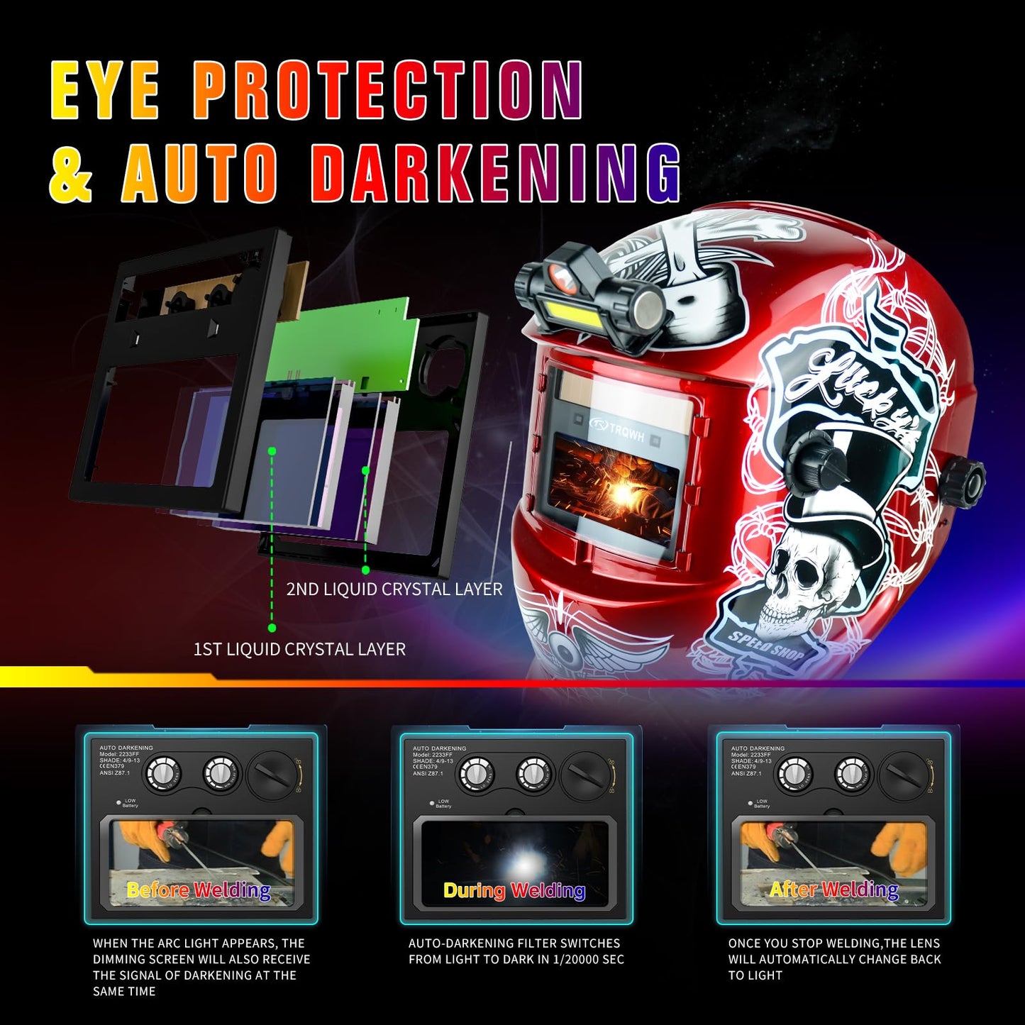 TRQWH Welding Helmet with Light True Color Auto Darkening Welding Helmets for Men Solar Powered Welding Hood with 2 Arc Sensor Wide Shade 4/9-13 for TIG MIG ARC Cool Welder Mask (TRQ-HD12)
