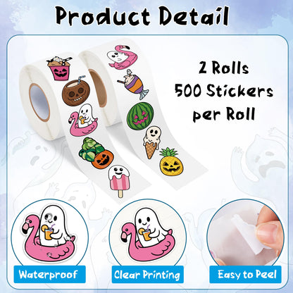 Eartim Summer Spooky Roll Sticker - 1000 Pcs Cartoon Fruit Pumpkin Ghost Sticker Rolls Waterproof Self-Adhesive Decorative Decal Halloween in Summer Party Decoration Kid Birthday Favor Student Reward