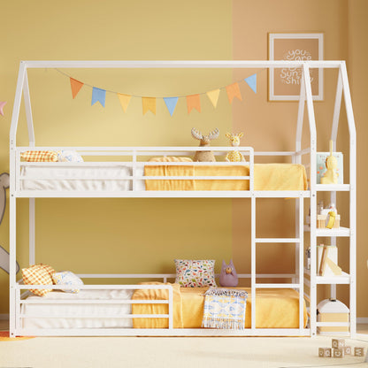 LIKIMIO Bunk Bed Twin Over Twin, Twin Bunk Beds Frame with 3-Tier Storage Bookshelf, Metal Twin House Bed Ladder and Safety Guardrail, Space Saving for Apartment or Dorm, No Box Spring Needed, White