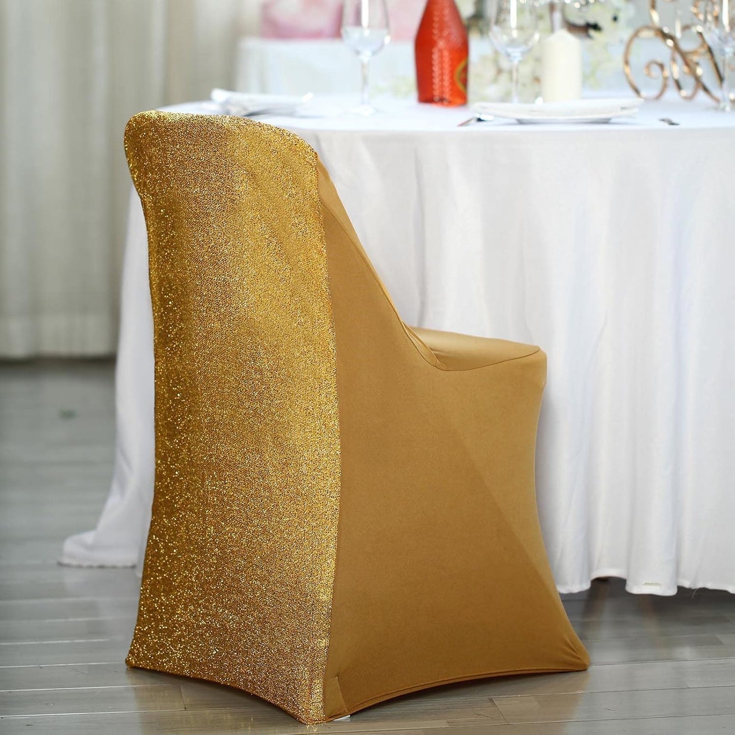 1 Set Efavormart Gold Spandex Stretch Folding Chair Covers for Party Dining Chairs W/Metallic Glittering Back W/Foot