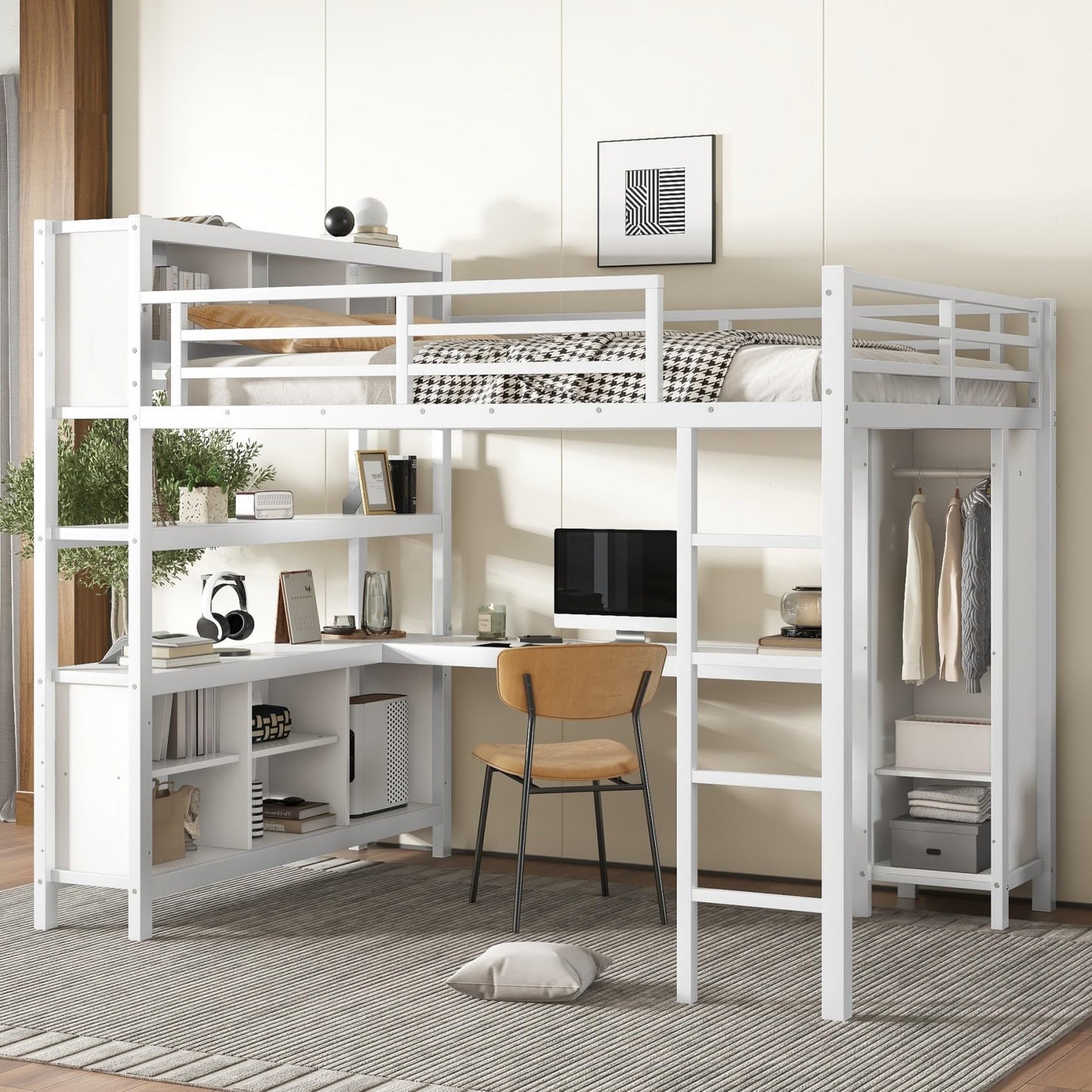 KEIKI Metal Queen Size Loft Bed Frame with Built-in L Shaped Desk, Wardrobe, Stairs, Storage Cubes & Shelves for Kids Teens Adults, No Box Spring Needed