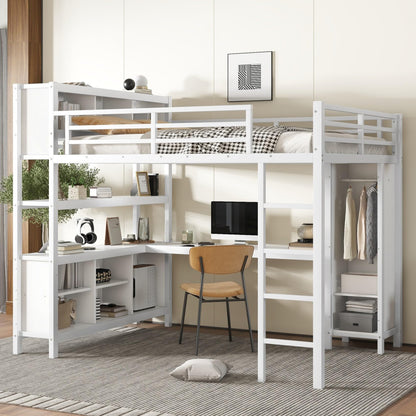 KEIKI Metal Queen Size Loft Bed Frame with Built-in L Shaped Desk, Wardrobe, Stairs, Storage Cubes & Shelves for Kids Teens Adults, No Box Spring Needed