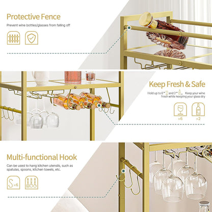 2 Bar Cart, Serving Cart for Home, Microwave Cart, Drink Cart, Wine Cart with Mirrored Shelves, Wine Holders, Glass