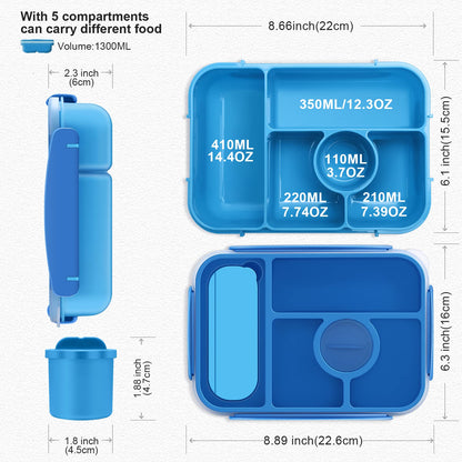 Amathley Bento Box Adult Lunch Box Kids,Lunch Containers for Adults/Kids/Toddler,5 Compartments Bento Lunch Box with Sauce Vontainers,Microwave & Dishwasher & Freezer Safe,BPA-Free (Blue)