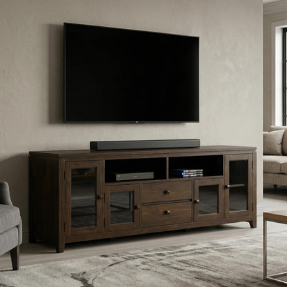 SIMPLIHOME Cosmopolitan TV Stand - 72 inch Wide Solid Wood Media Console in Mahogany Brown, Contemporary Entertainment Center for Living Room for TVs up to 80 Inches with Drawers and Cable Management