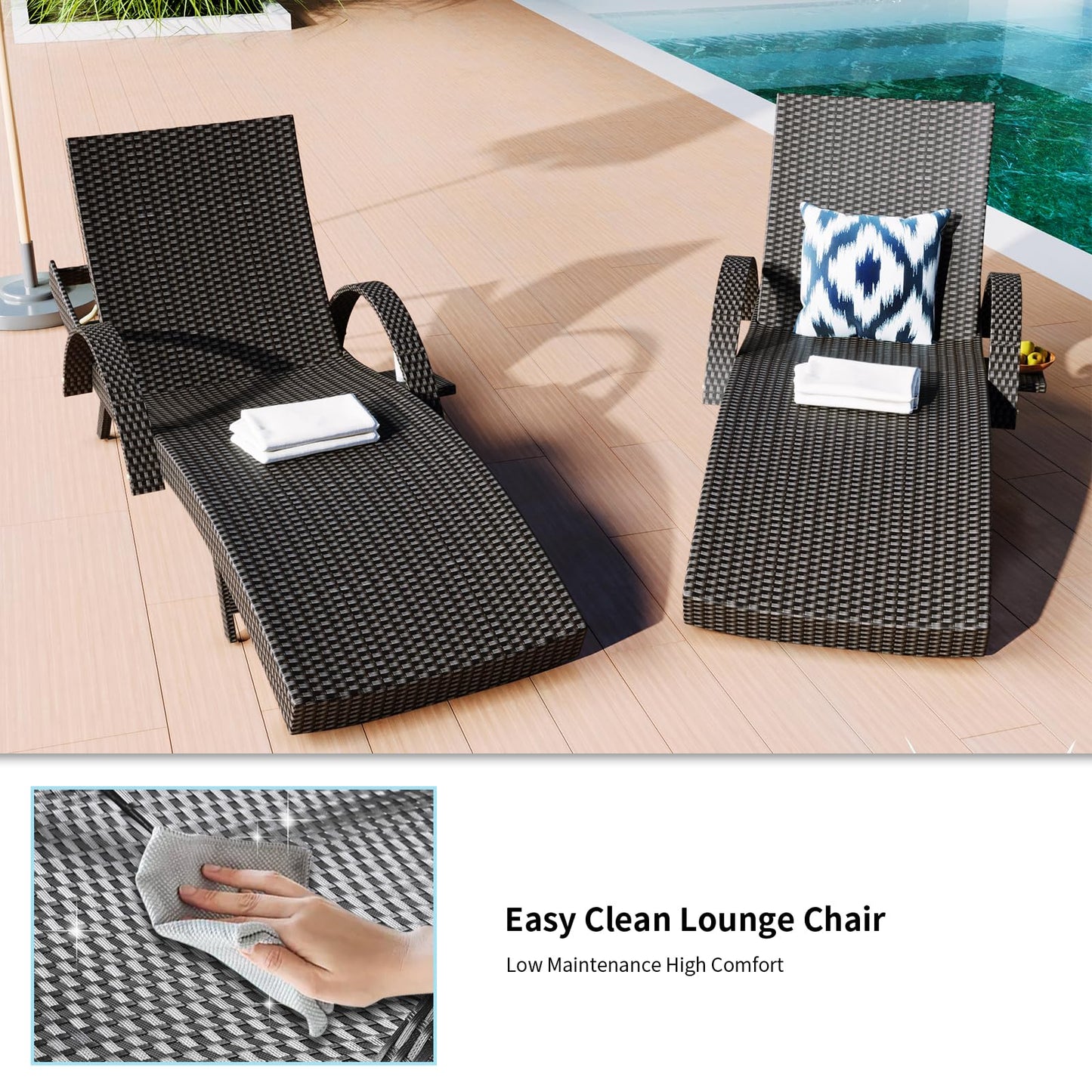 Sereniet 80.3" Outdoor Wicker Chaise Lounge Set of 2, with Pull-Out Side Table, Adjustable Pool Lounge Chairs, Patio Loungers for Balcony, Deck, or Backyard (Black)