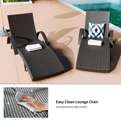 Sereniet 80.3" Outdoor Wicker Chaise Lounge Set of 2, with Pull-Out Side Table, Adjustable Pool Lounge Chairs, Patio Loungers for Balcony, Deck, or Backyard (Black)